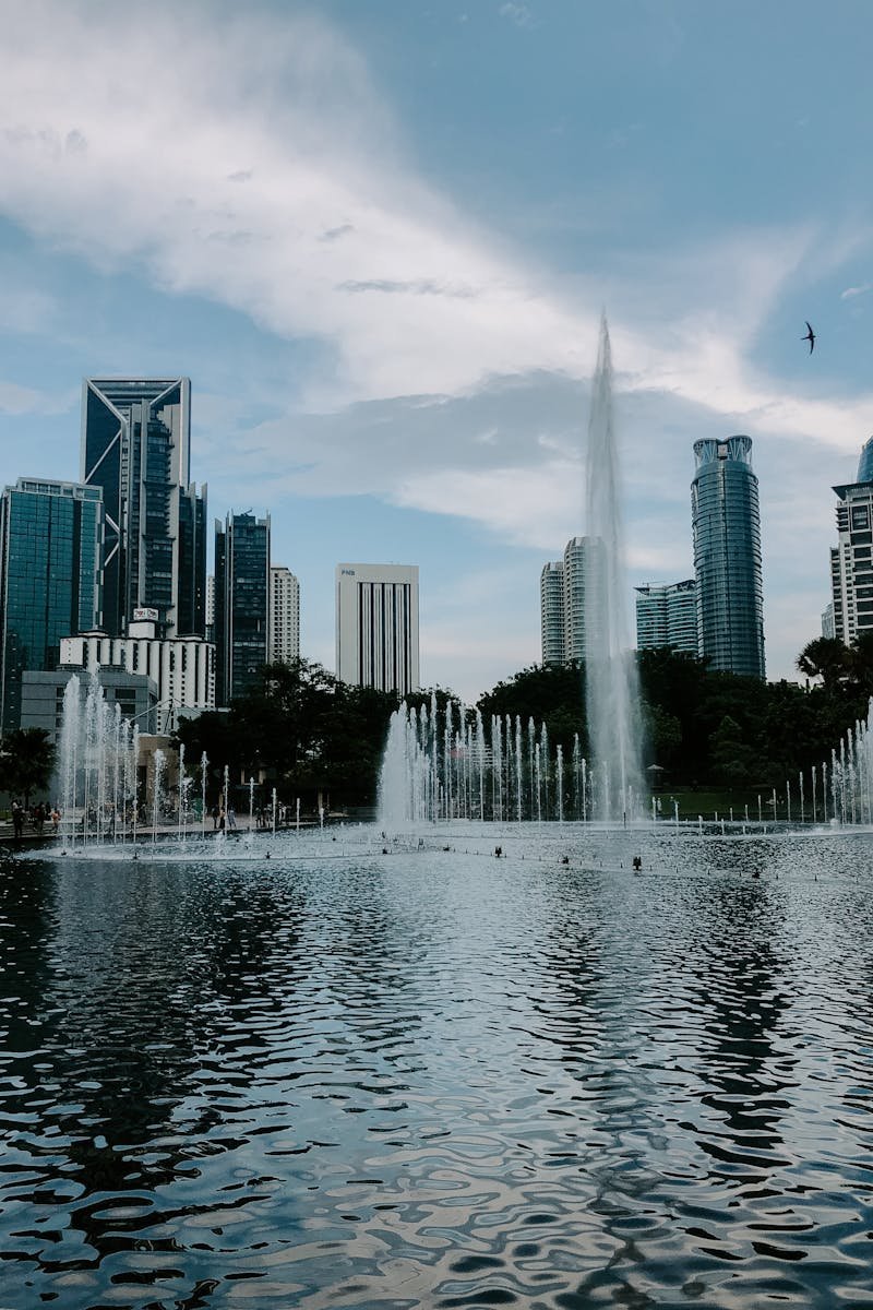 Picturesque scenery of contemporary city with skyscrapers with glass mirrored windows near fountain in daylight
